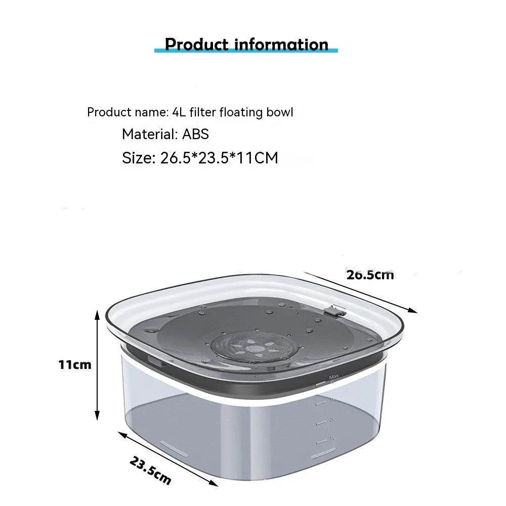 Transparent plastic pet water bowl with floating disc showing water level and non-slip base