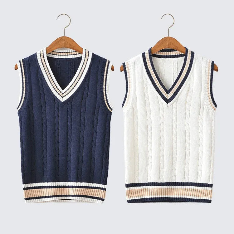 Thick V-neck pullover sleeveless school uniform sweater vest in white, loose fit, contrast colour trim