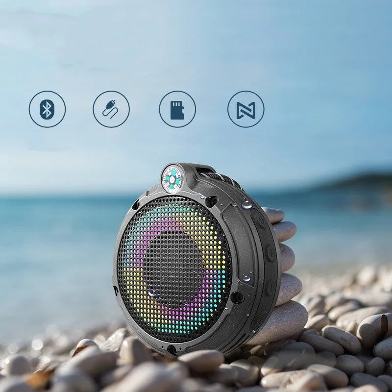 Compact black portable Bluetooth speaker with metal case and subwoofer, 99x104x41mm