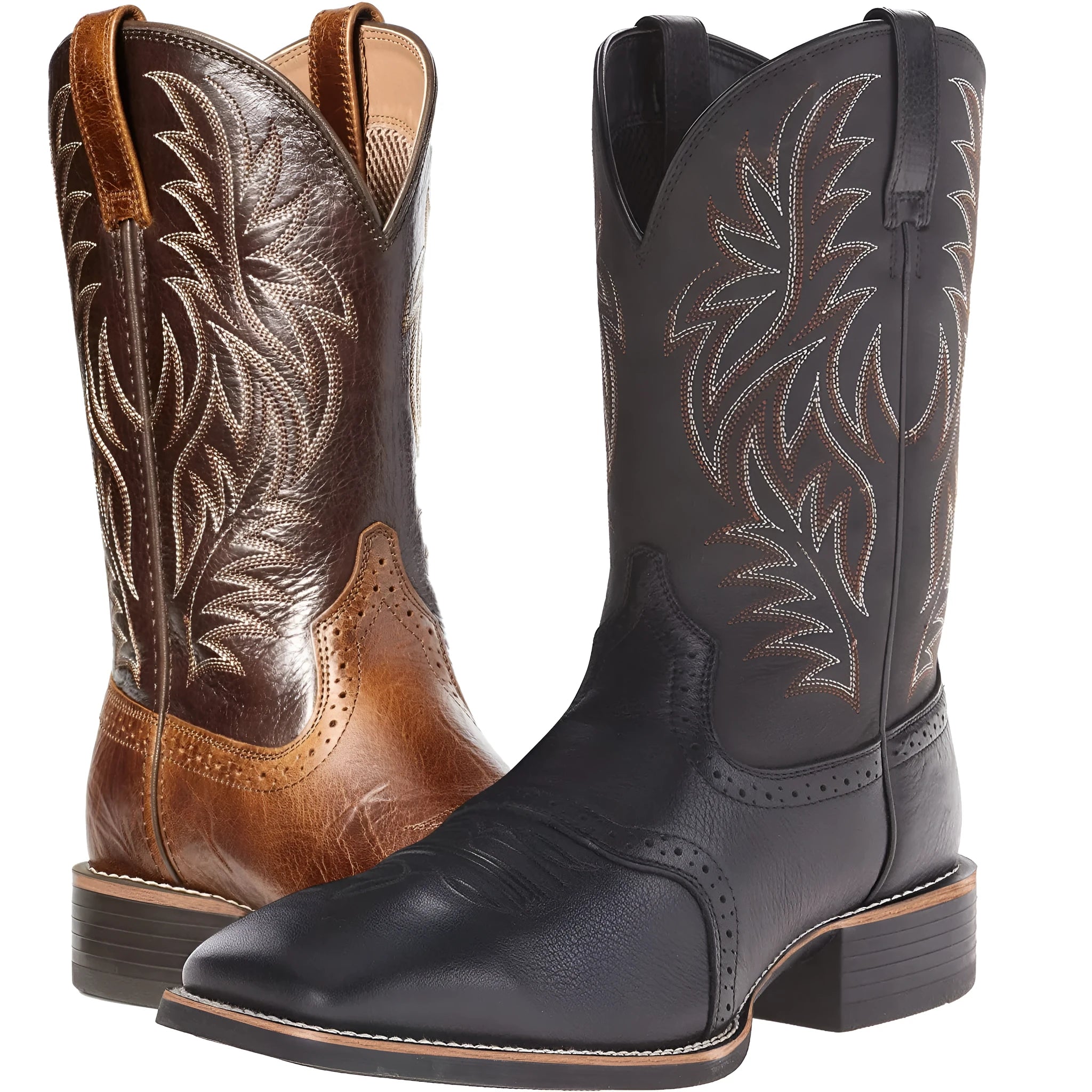 Men's black Western cowboy boots with embroidered detailing and square toe design