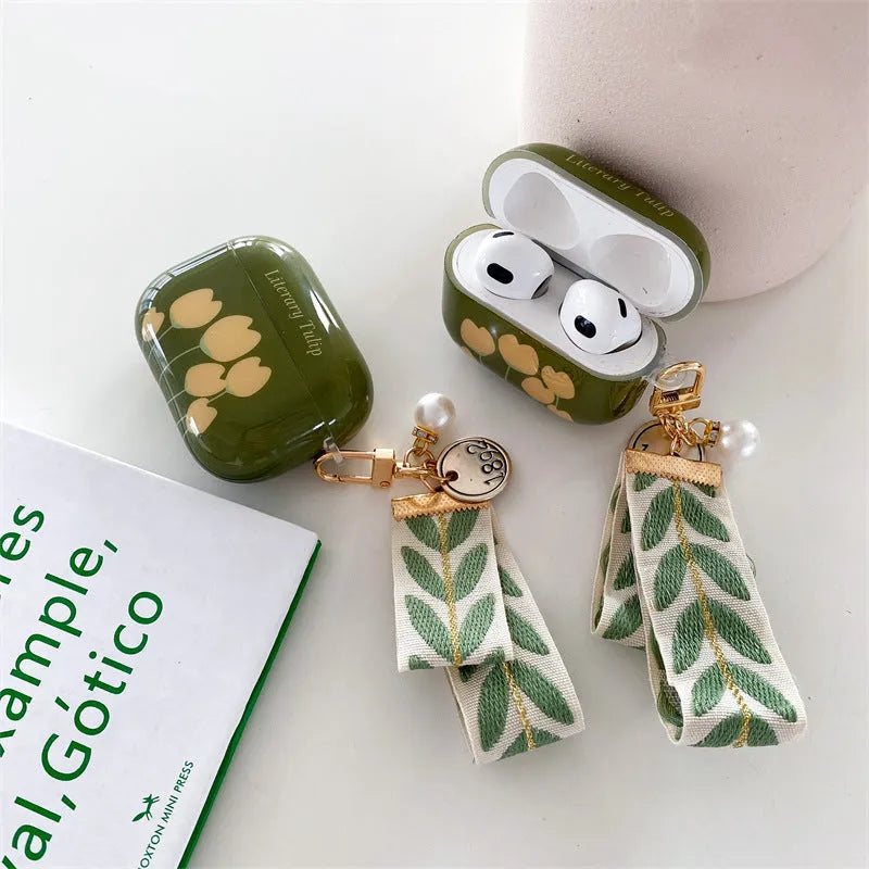 Retro green tulip IMD TPU drop protection flip cover for AirPods case