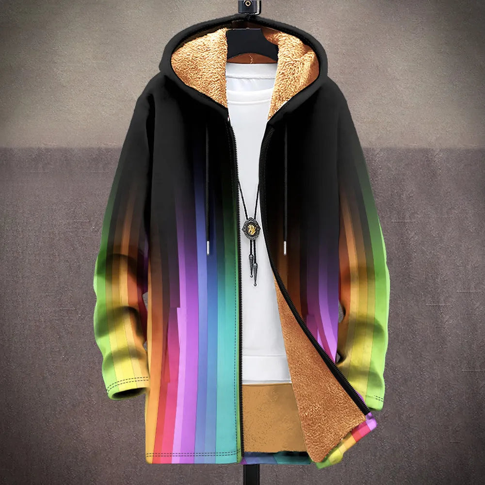 Man wearing a multicolour digitally printed hooded cardigan with a zipper front in a loose fit.