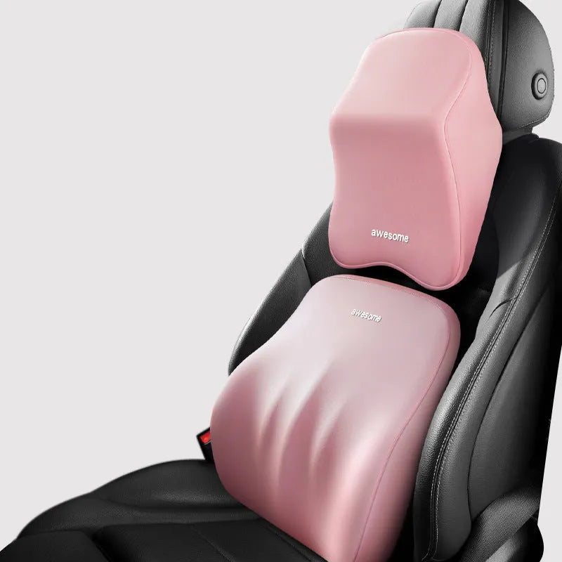 Memory foam car lumbar pillow and headrest set with geometric pattern in black, grey, green, or pink options