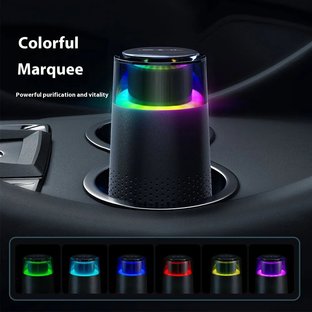 Black 5W car air purifier with horse running light and USB cable on a flat surface