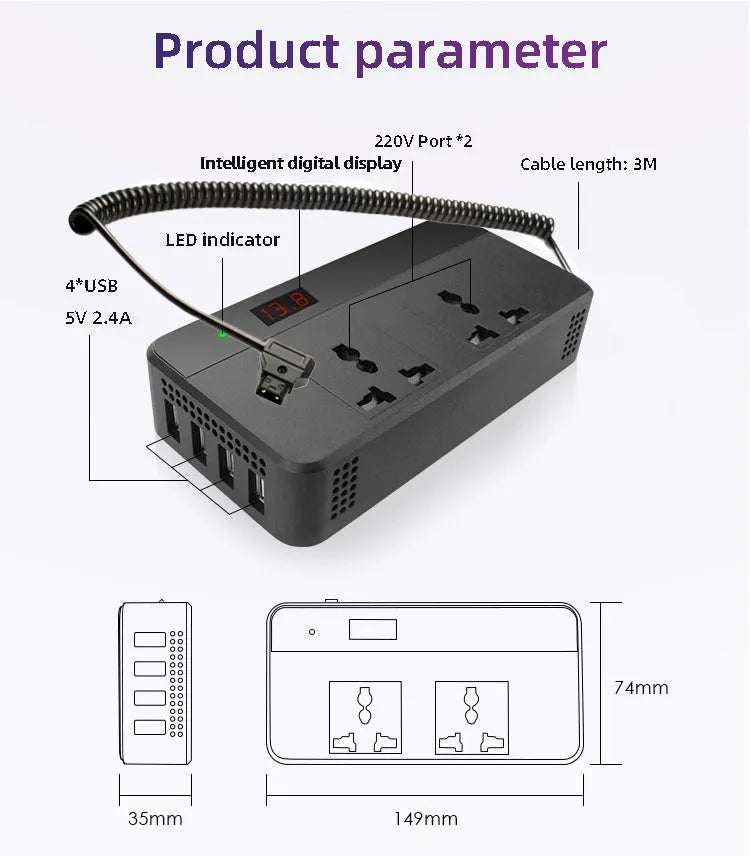 Black PC fireproof housing car power inverter with 220V AC socket and USB port, dimensions 149x74x35mm
