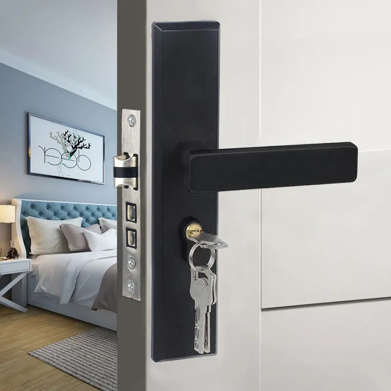 Aluminium alloy indoor split magnetic door lock handle for timber doors in black finish.