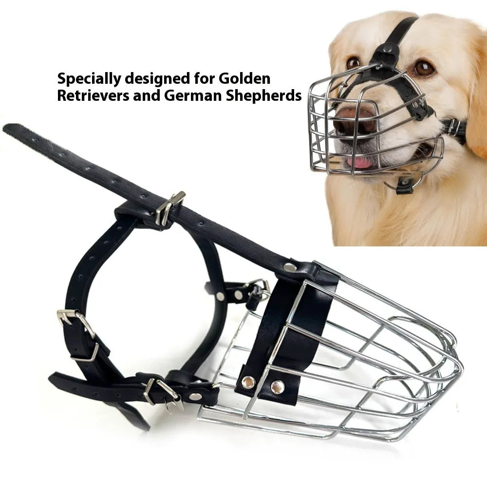 Black metal dog mouth cover for Golden Retrievers and German Shepherds with foam padding