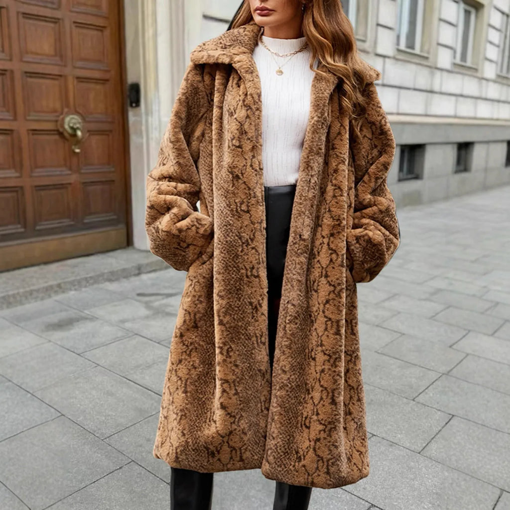 Women's leopard print over-the-knee faux fur coat in thickened plush material