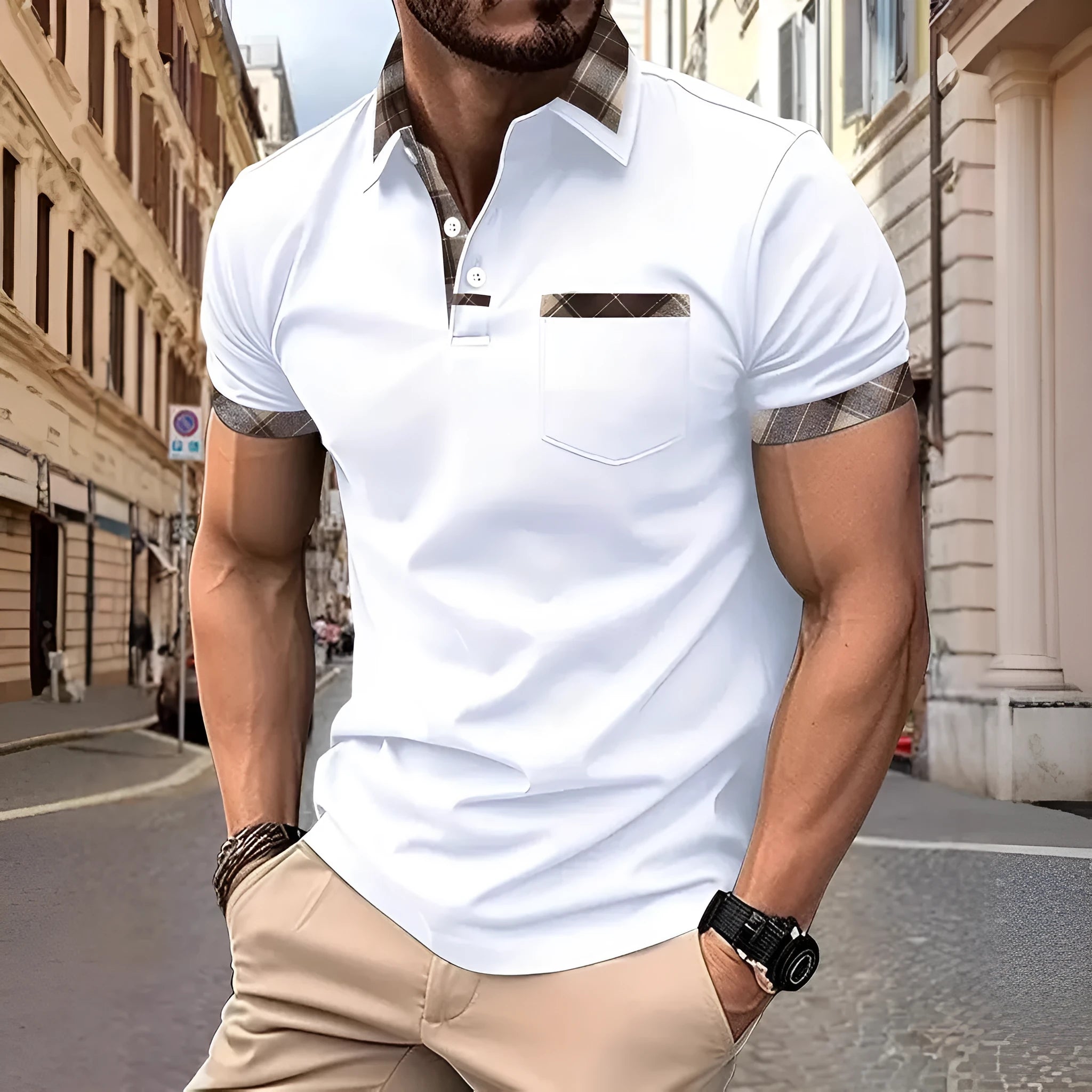 Men's plaid colourblock t-shirt with zipper decorations on polyester fabric in multiple colours