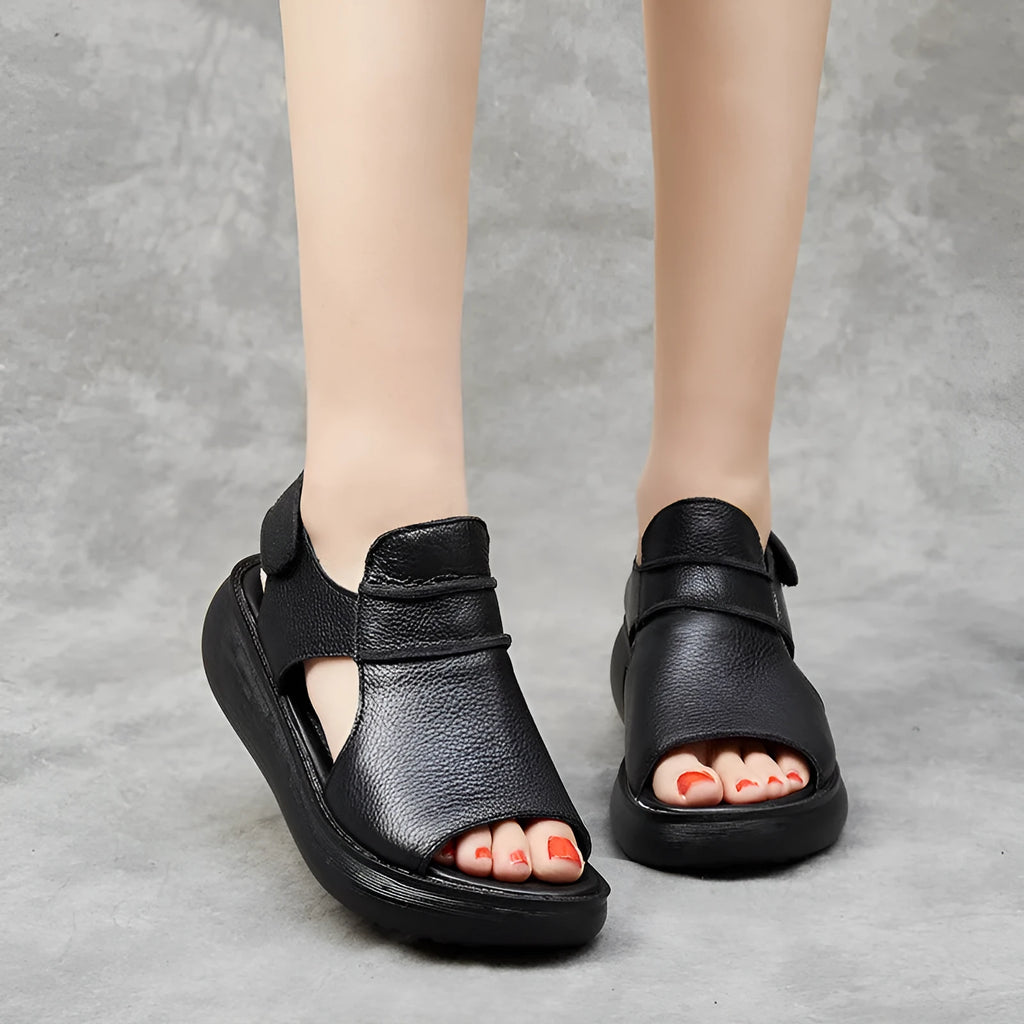 Peep toe women's casual sandals in cowhide leather with raised bottom sole, fish mouth toe, low top, black colour