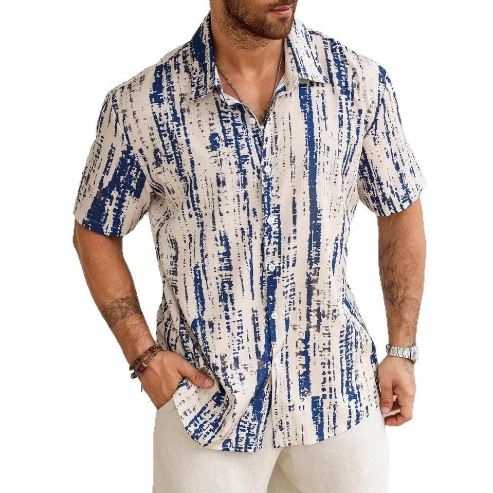 Man wearing a short sleeve casual shirt with 3D printed stripes in a choice of apricot, blue, white, or yellow.