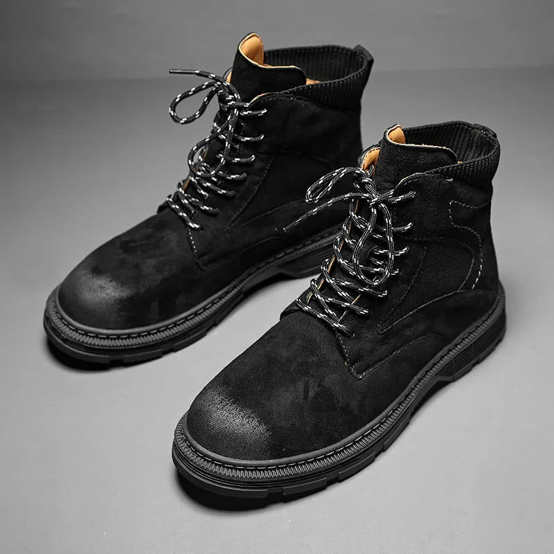 Men's frosted vintage Martin boots in black, sand, or grey with a low heel and round toe.