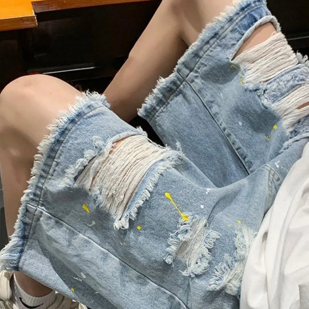 Men's casual cotton blend denim shorts with water washed hole details in light blue, loose fit fifth pants