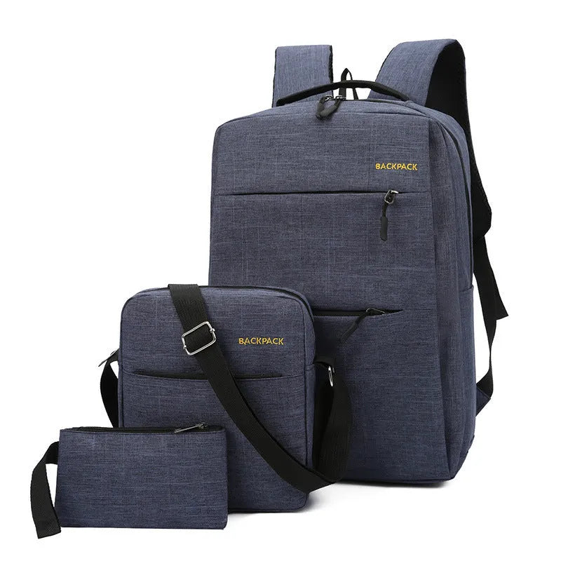 Men's casual fashion computer bag three-piece set in nylon, showing USB charging port and internal compartments.