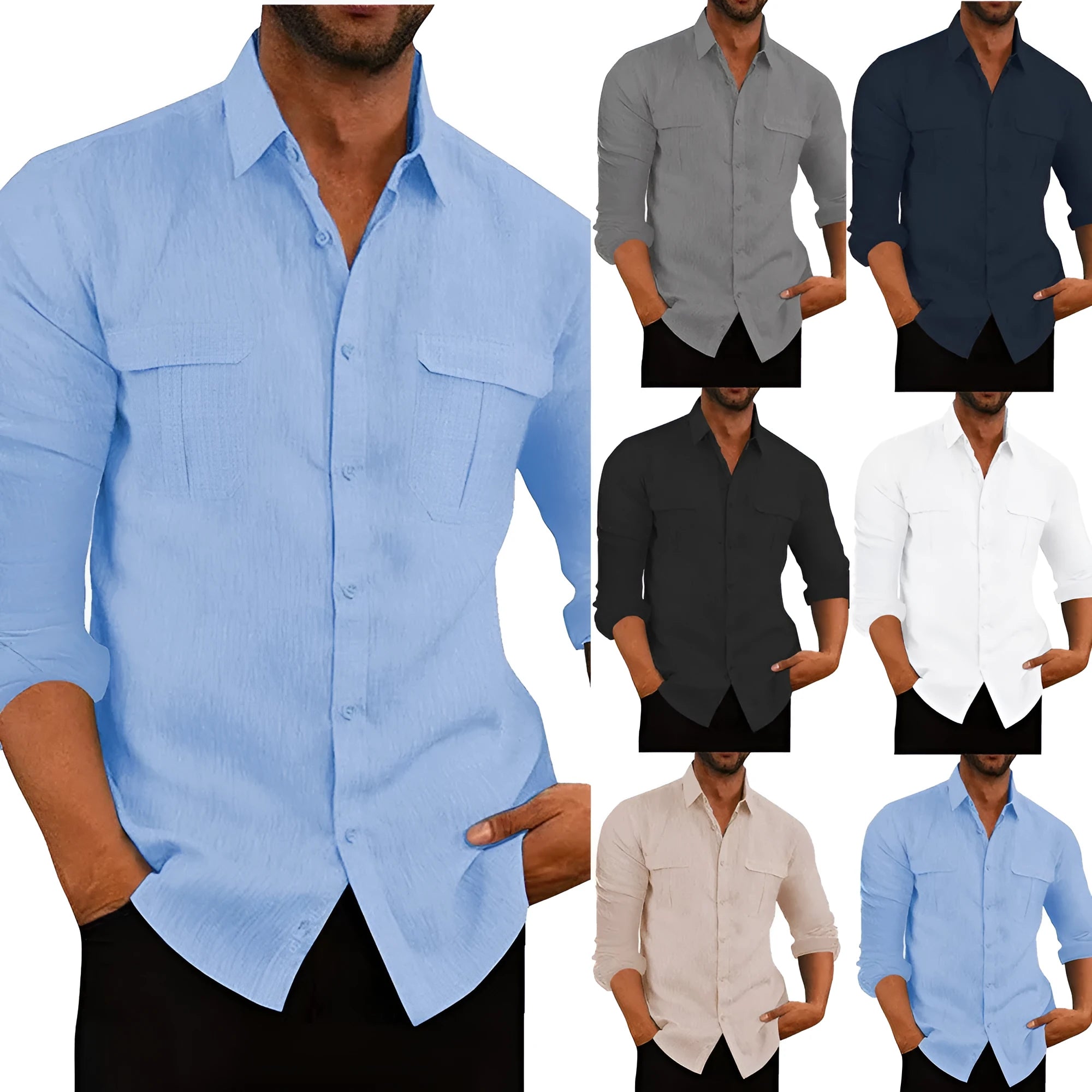 Men's double pocket cotton-linen pullover shirt in loose fit lapel collar style