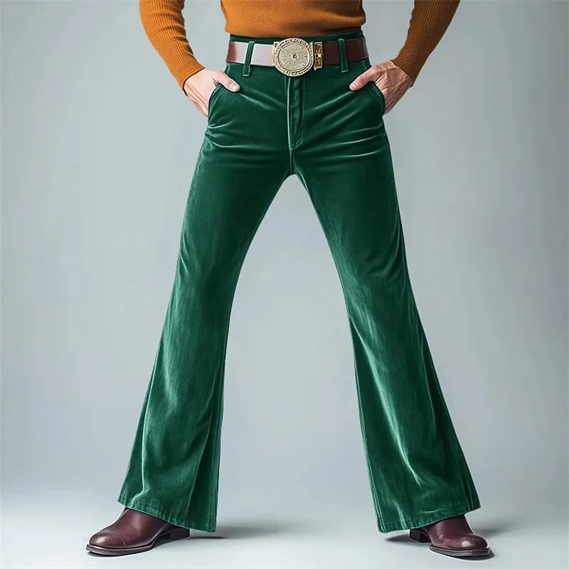 Men's gold velvet slim flared suit pants in black colour showing slight flare detail