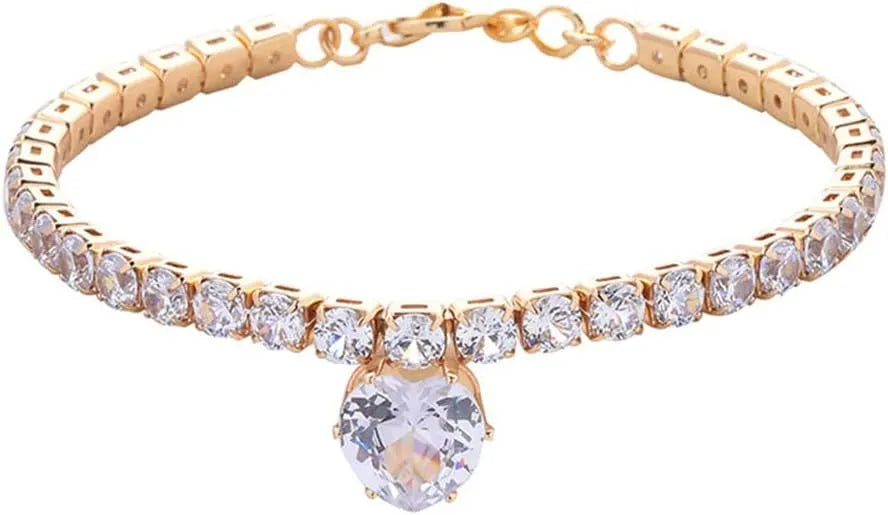 Heart-shaped rhinestone pet collar in metallic gold with extension chain for dogs and cats