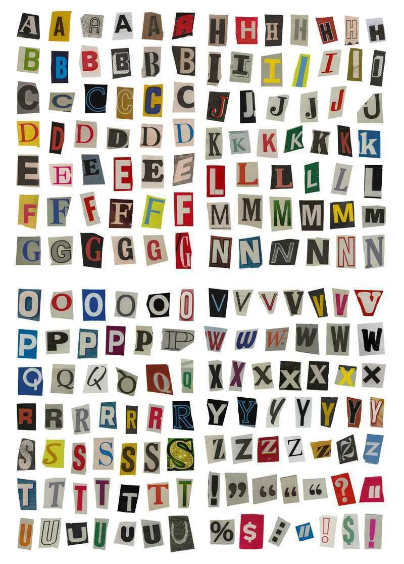 Sheet of cute style decorative stickers showing printed English alphabet letters and weekly words.