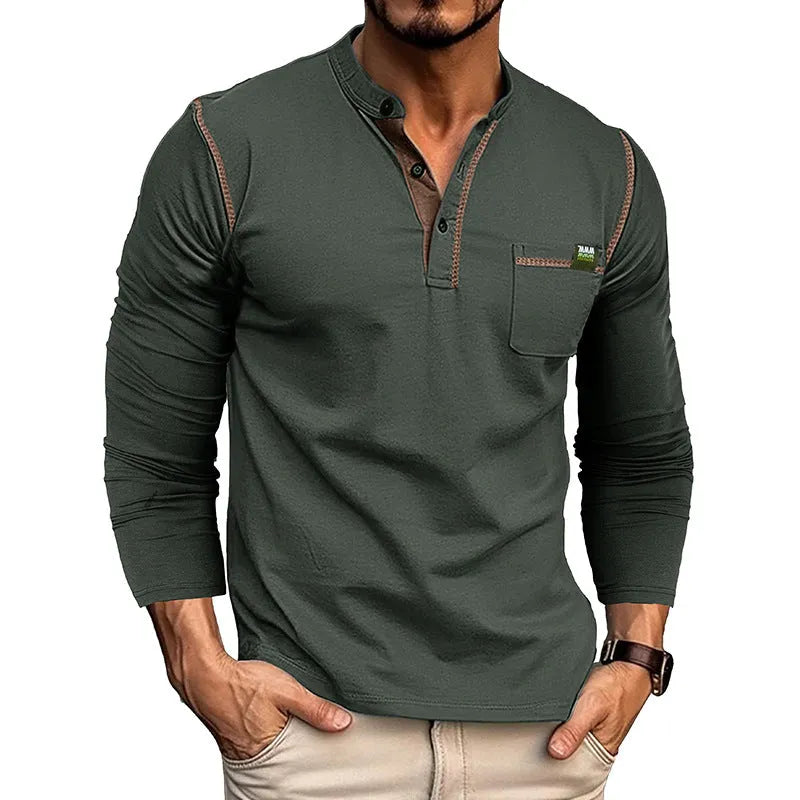 Men's long sleeve color matching cotton blend pullover shirt in six solid colours, sizes S to XXL