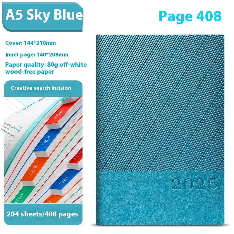 A4 striped PU leather business notepad open on a desk showing 80g paper, available in eight colours.
