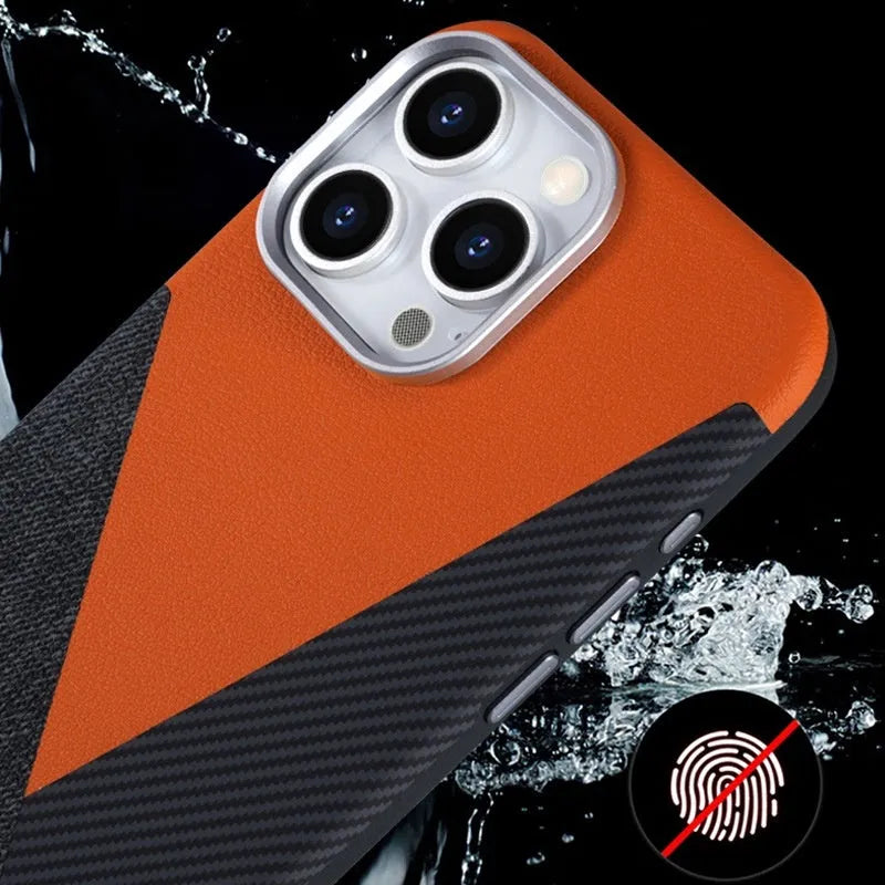 iPhone 15 Pro magnetic case with three-pigment leather finish in black, brown, orange, sapphire blue, and titanium gray