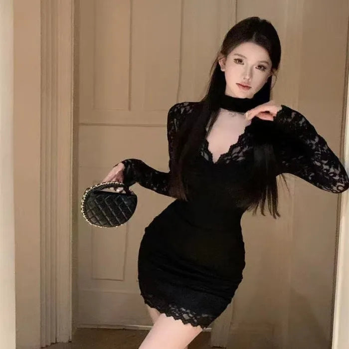 Women's halter neck lace dress with high waist and hip-wrap silhouette in A-line design