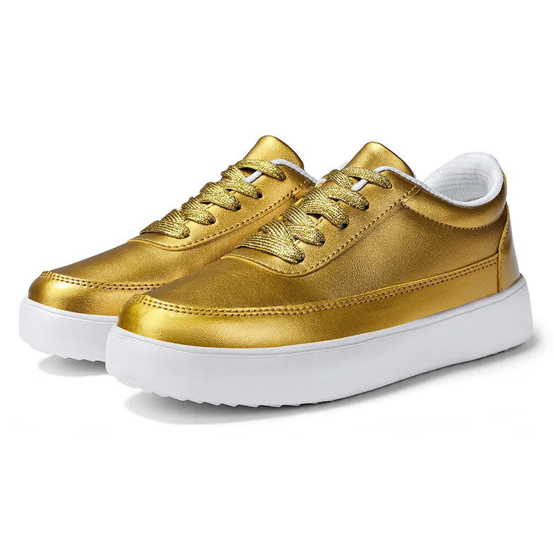 Women's leather lace-up flat casual shoes in white, silver or gold colour options