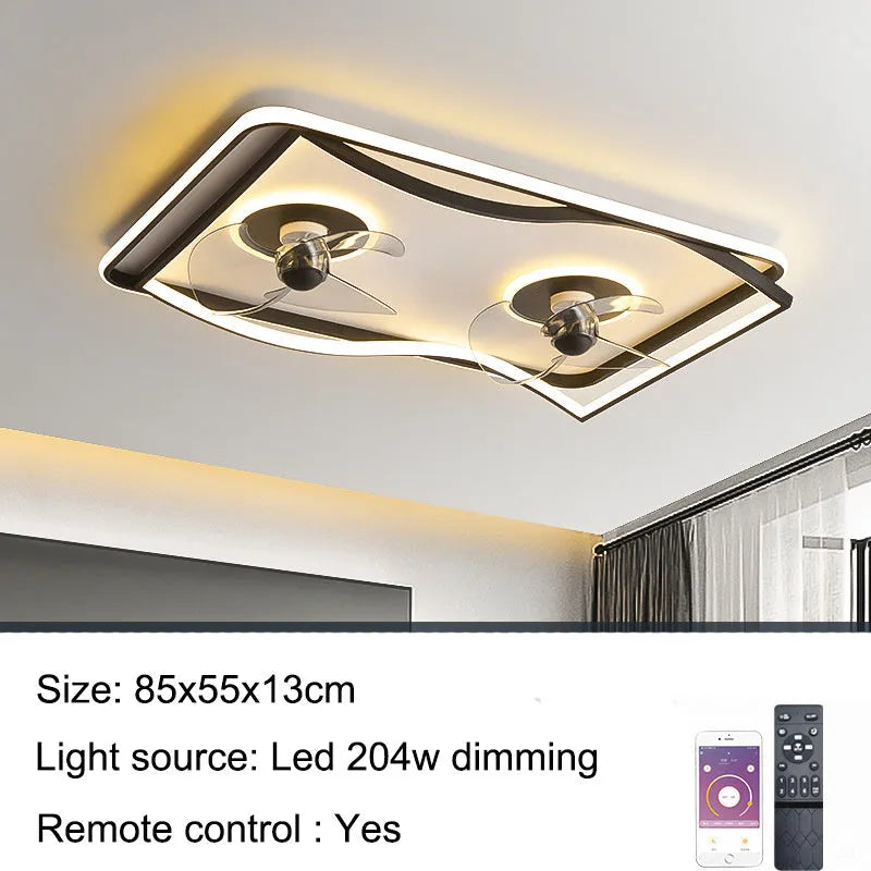 Modern black ceiling fan lamp with light, shown in annular, round, and square style options.