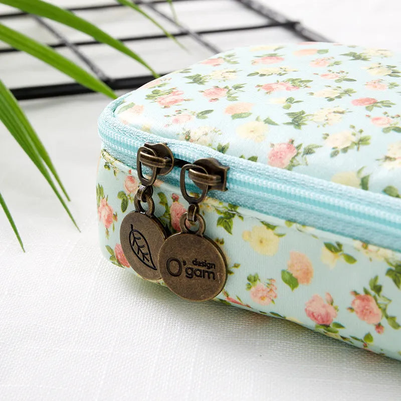 Canvas composite stationery pen storage bag 190x80x40mm in dark cyan pink yellow floral design