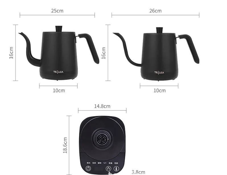 Black stainless steel slender mouth touch control electric kettle with inner scale marking on a desk
