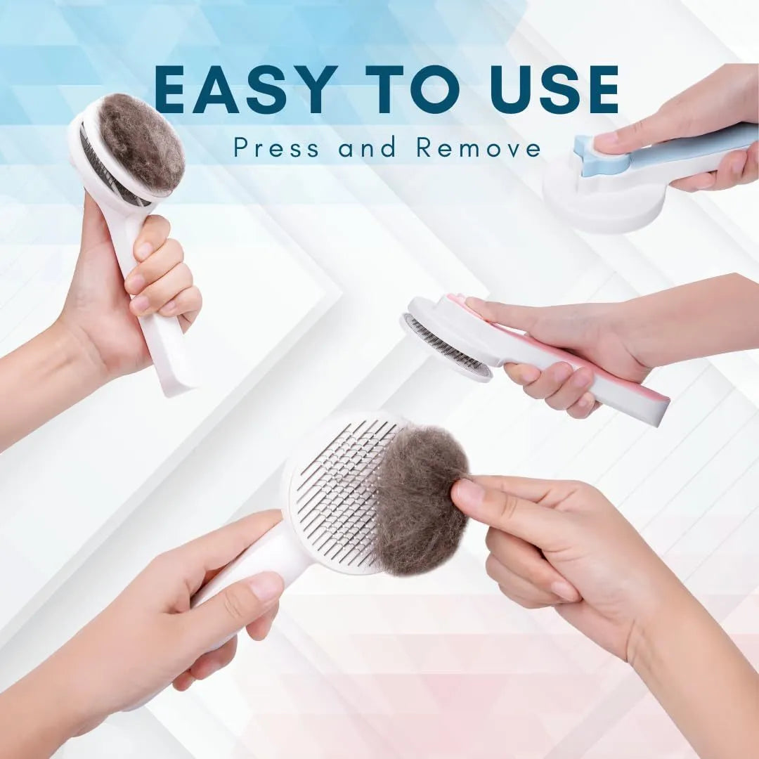 Self-cleaning slicker brush for pet grooming with ergonomic rubber handle in blue, grey, or pink