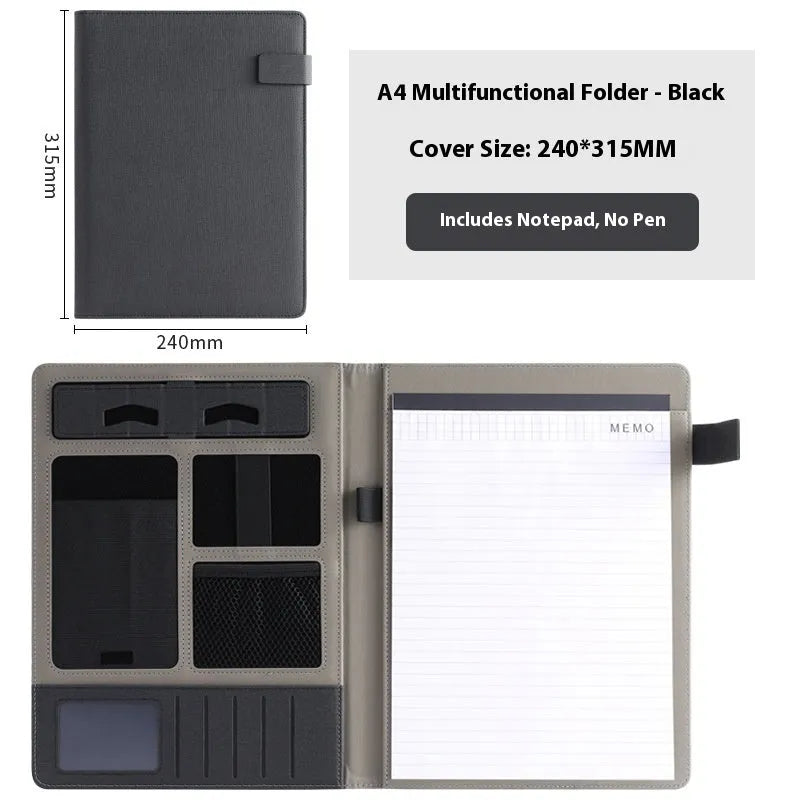 Leather A4 business folder in black, open to show 35mm thick plate and space for documents