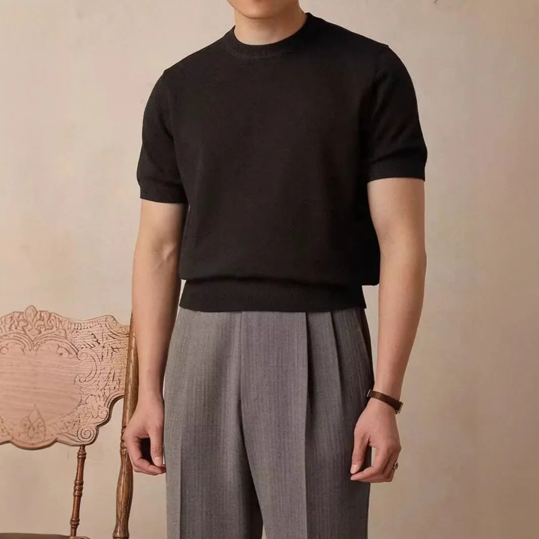 Round neck short sleeve knitted T-shirt in Tencel viscose blend available in black dark gray and white sizes XS to XXL