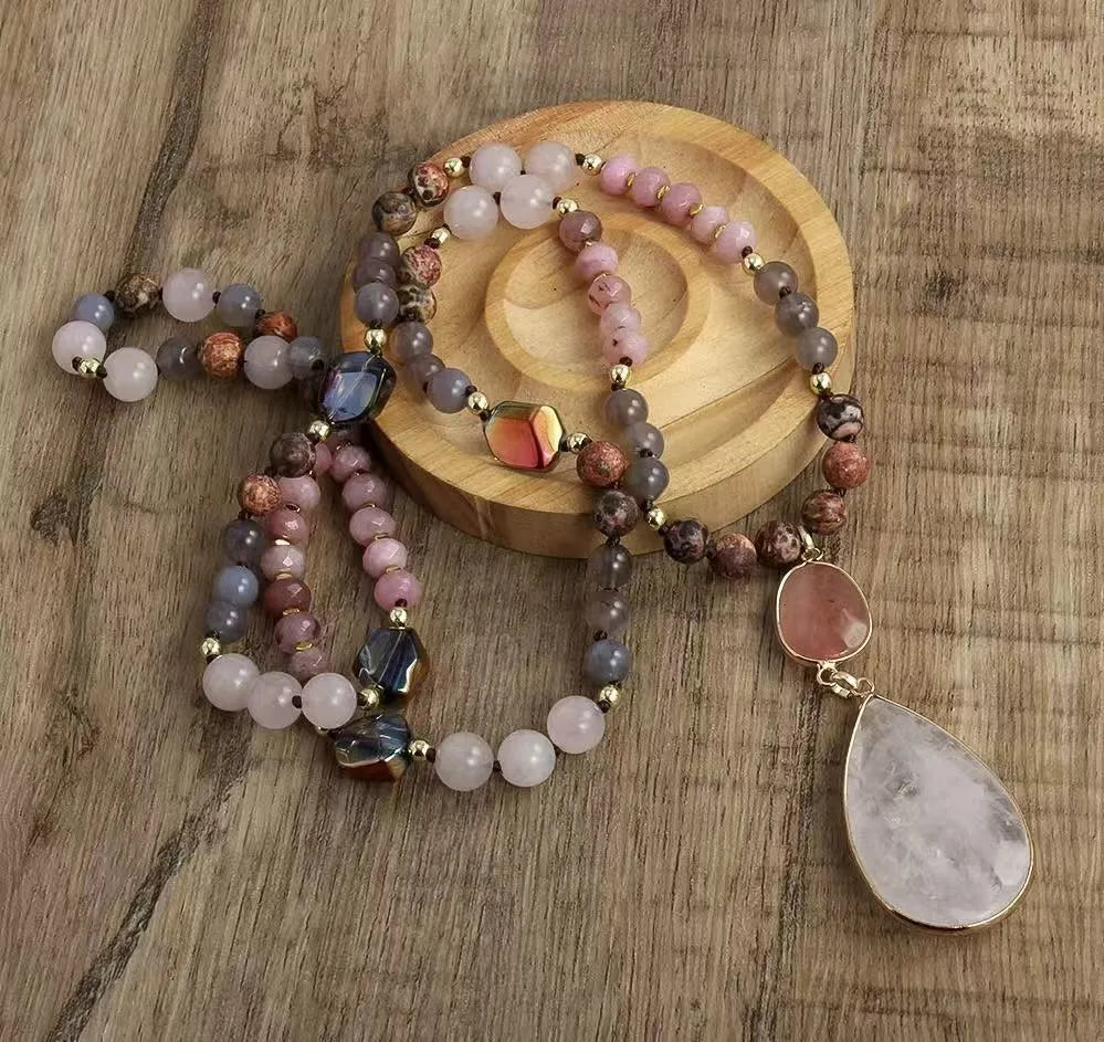 Women's handmade glass knotted necklace with natural stone pendant in green, gray, and pink – 81cm long