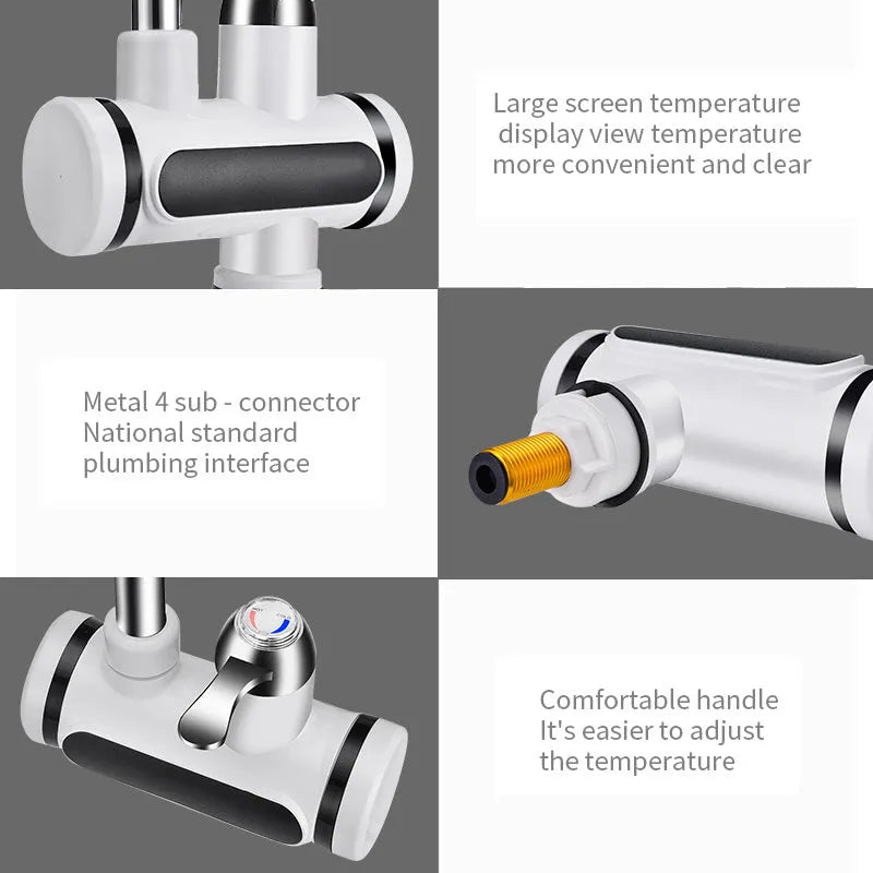 White electric instant water heater tap for kitchen sink with digital temperature display.