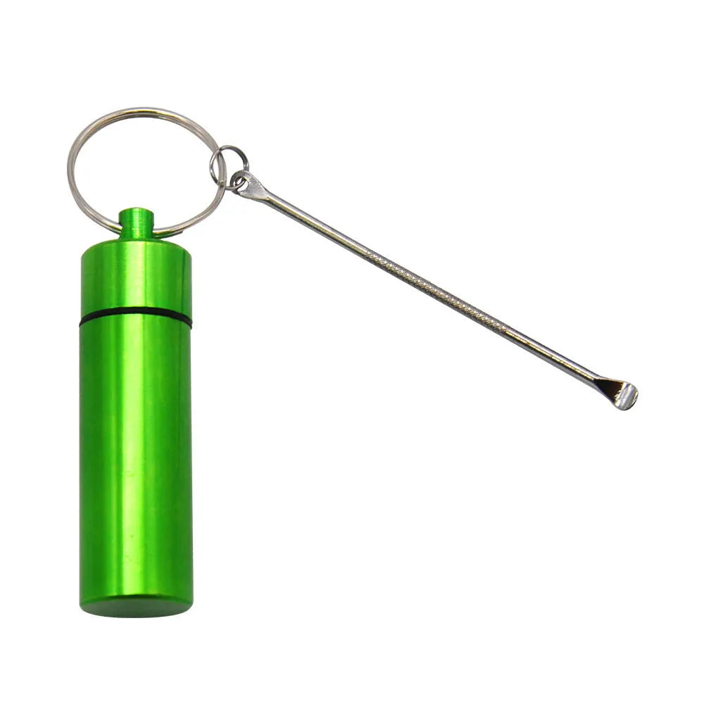 Blue aluminium portable medicine bottle with attached spoon and keychain for medication organisation