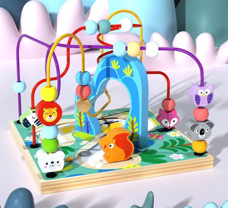Blue wooden bead treasure box toy with multiple play scenes for babies and children