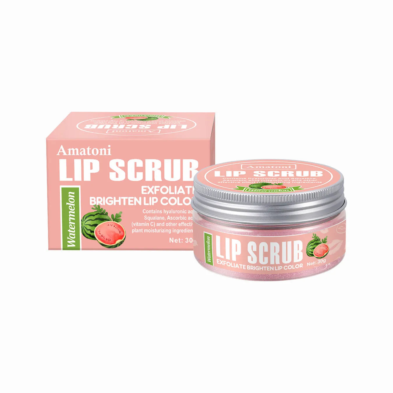 Amatoni lip scrub cream pot in 30g size for exfoliating and moisturising lips.