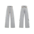 Heavy 3D cutting loose fit straight jeans belt stitching cotton trousers for men in dark blue dark black dark gray