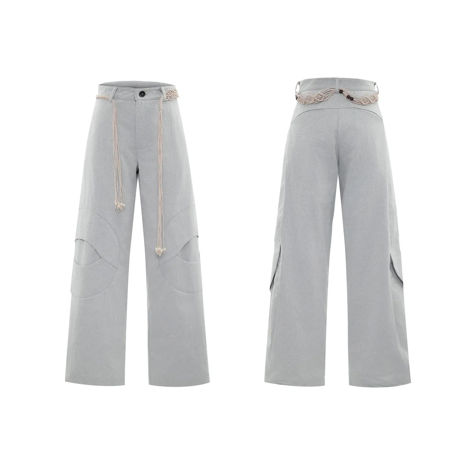 Man wearing dark blue loose-fit straight-leg cotton jeans with zip decoration and belt stitching.