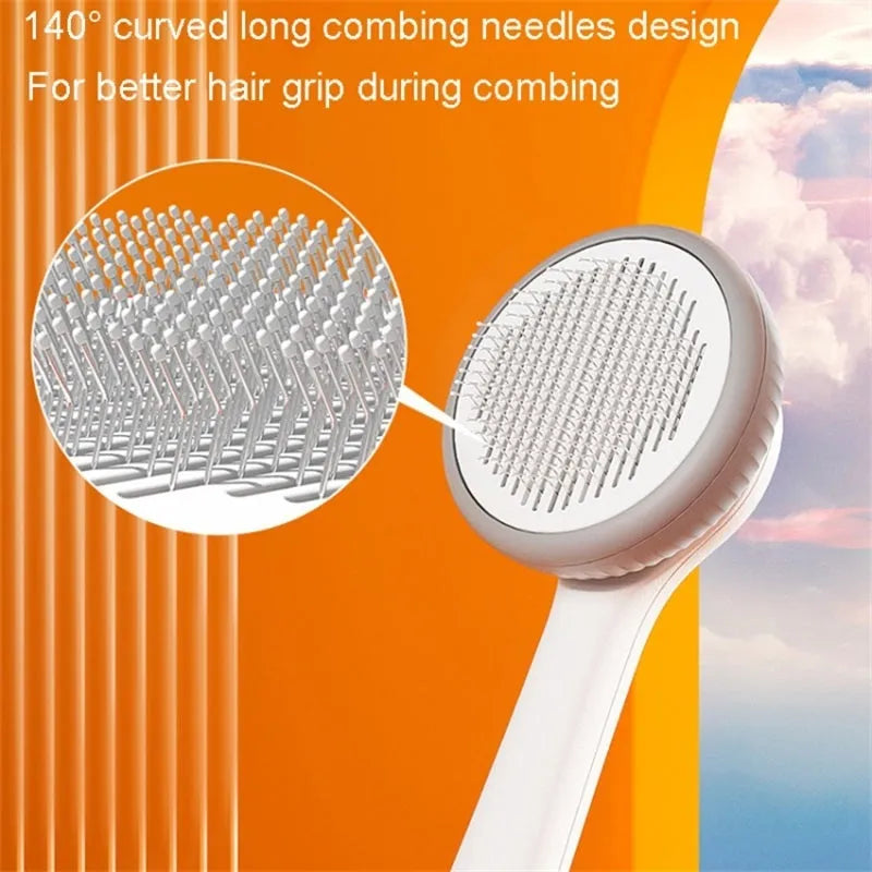 Blue and white self-cleaning pet grooming brush with retractable bristles for cats and dogs.