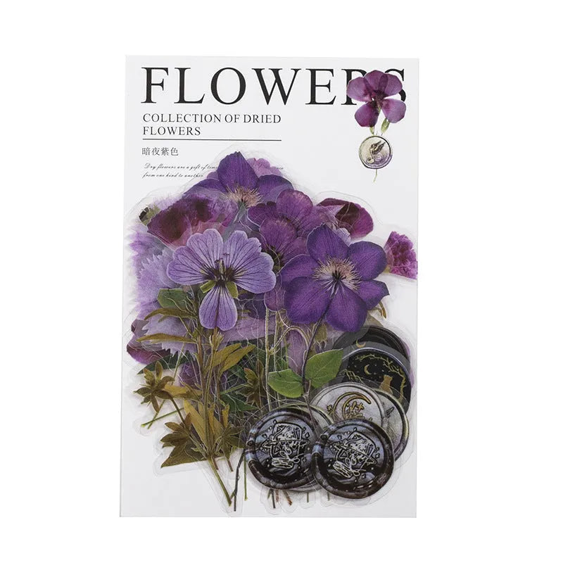 Set of dried flowers artistic stickers for journal decoration showing eight colour designs on 70mm PET sheets