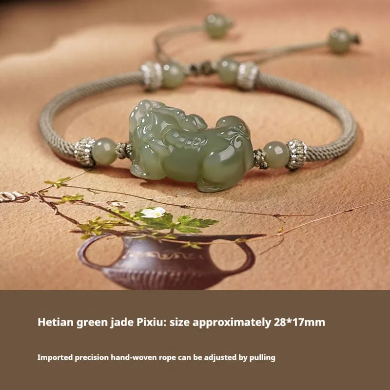 Traditional Chinese Hetian jade bracelet with black and red braided ropes and jade beads on elastic cord