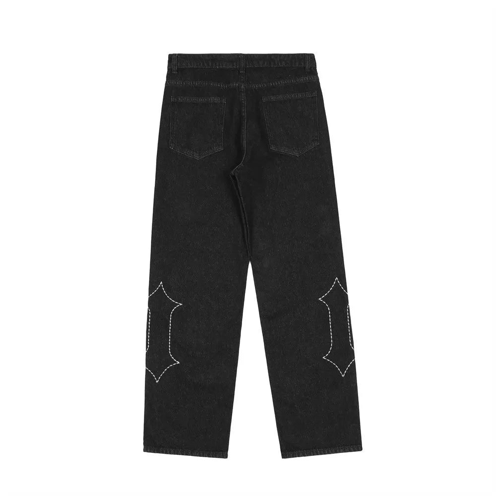 European American Style Letter Embroidered Jeans Straight Trousers Black Cotton Denim Cowboy Fabric No Stretch M L XL 2XL 3XL 4XL