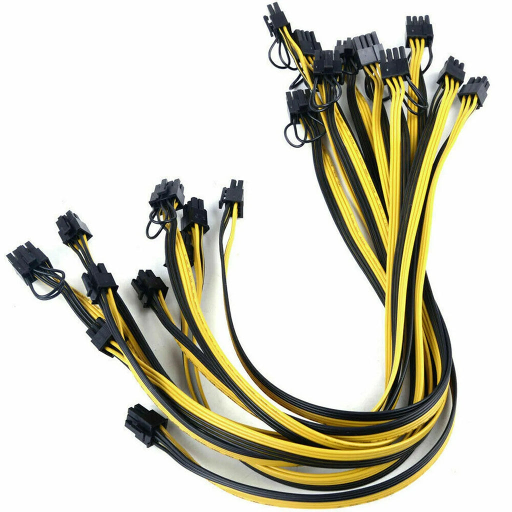 Yellow 70cm 6pin to dual 8pin graphics card power cable with plastic insulation on white background