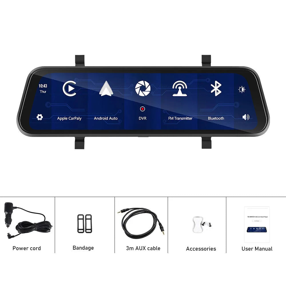 9.66-inch HD rearview mirror dash cam with CarPlay and Android Auto on car windshield