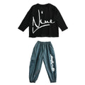 Children's cotton hip hop clothing set, loose fit, unisex, black top with grey blue pants, sizes 110-180cm