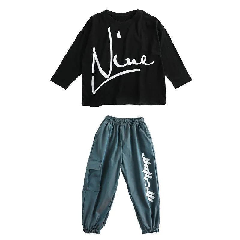 Children's cotton hip hop clothing set, loose fit, unisex, black top with grey blue pants, sizes 110-180cm