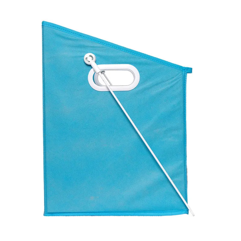 Folding detachable padded storage basket in blue with clear front panel on a wire shelf