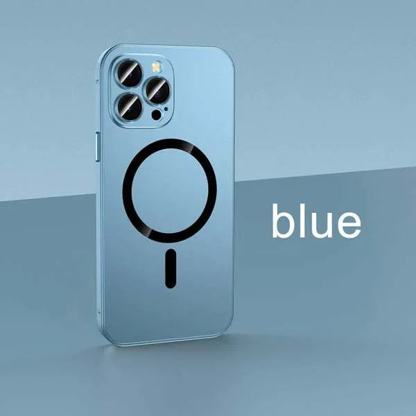 Aluminium alloy frame magnetic protective phone case for iPhone, shown in dark purple colour with nickel piece.